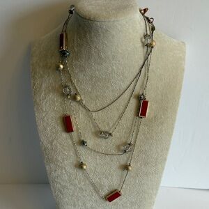 NY Layered Gold Tone Necklace Red Rectangle Pendant Multi Strand Statement